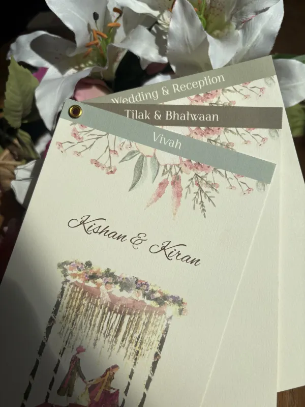 Trouwkaart voor Kishan en Keran met tabs per ceremonie