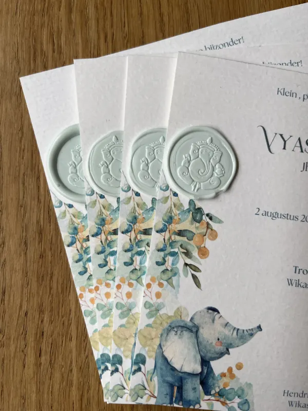 Geboortekaarten voor Vyash Nayan met een aquarel olifant